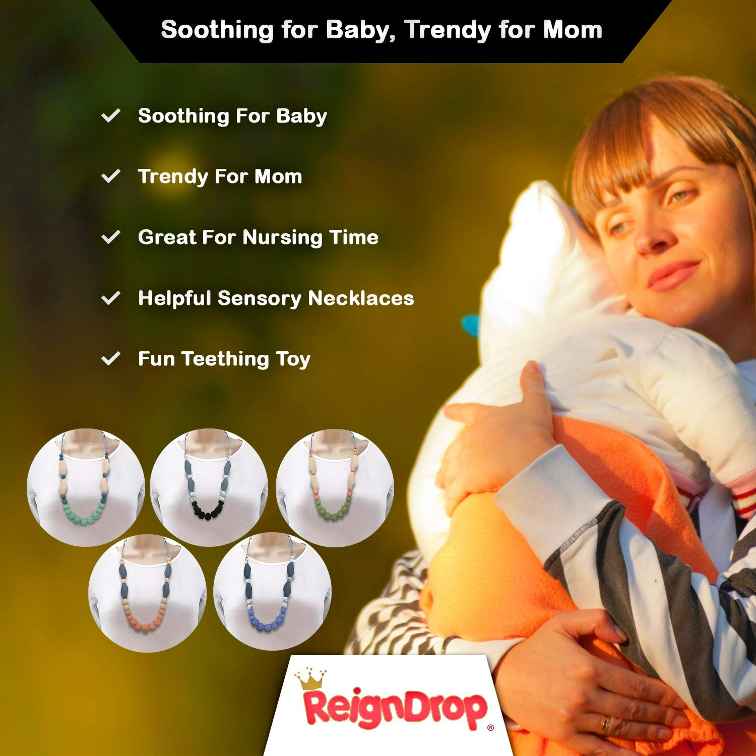 Silicone Teething Necklace for Mom To Wear (Blue/Marble/Grey)